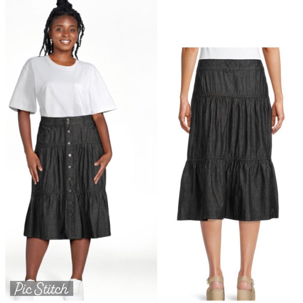 Time and Tru Wms Sz 10 Washed Black Tencel Tiered Relaxed Fit Denim Midi Skirt